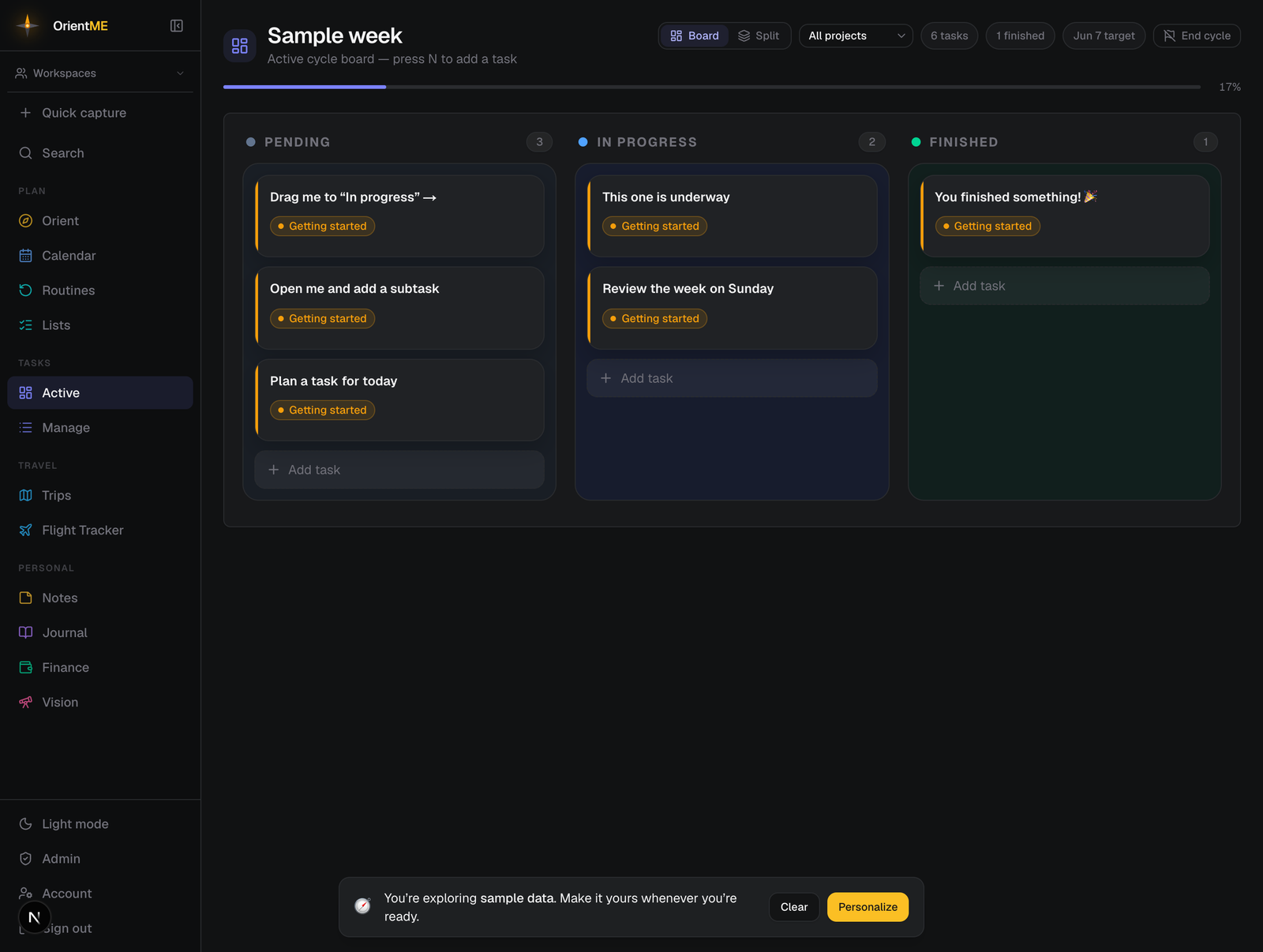 Full board with tasks across Pending / In Progress / Finished