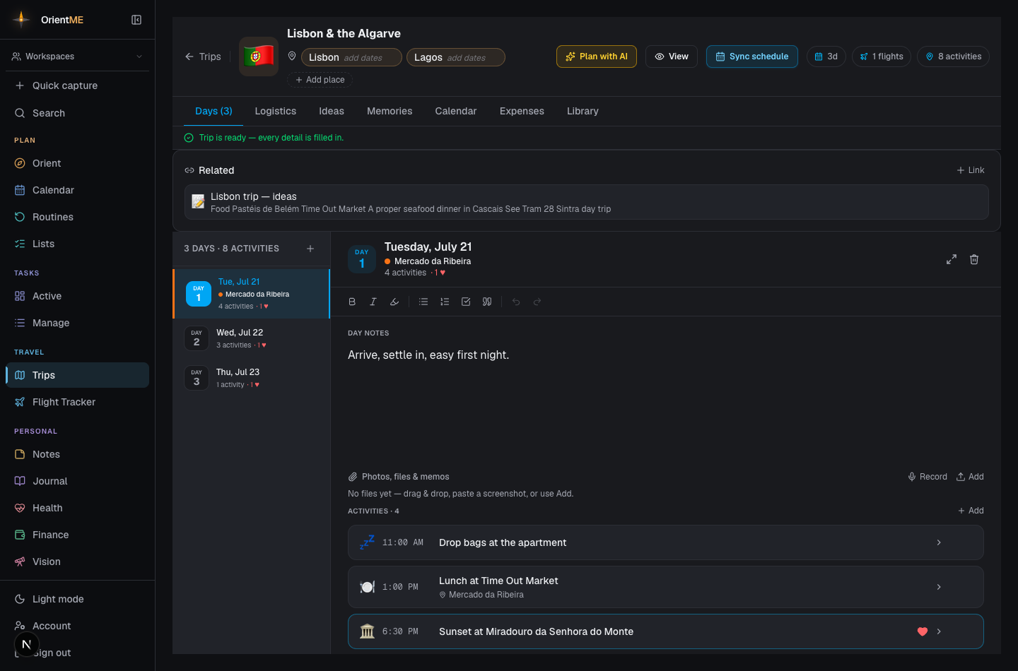 A trip detail page with the Trip readiness banner and the tab bar