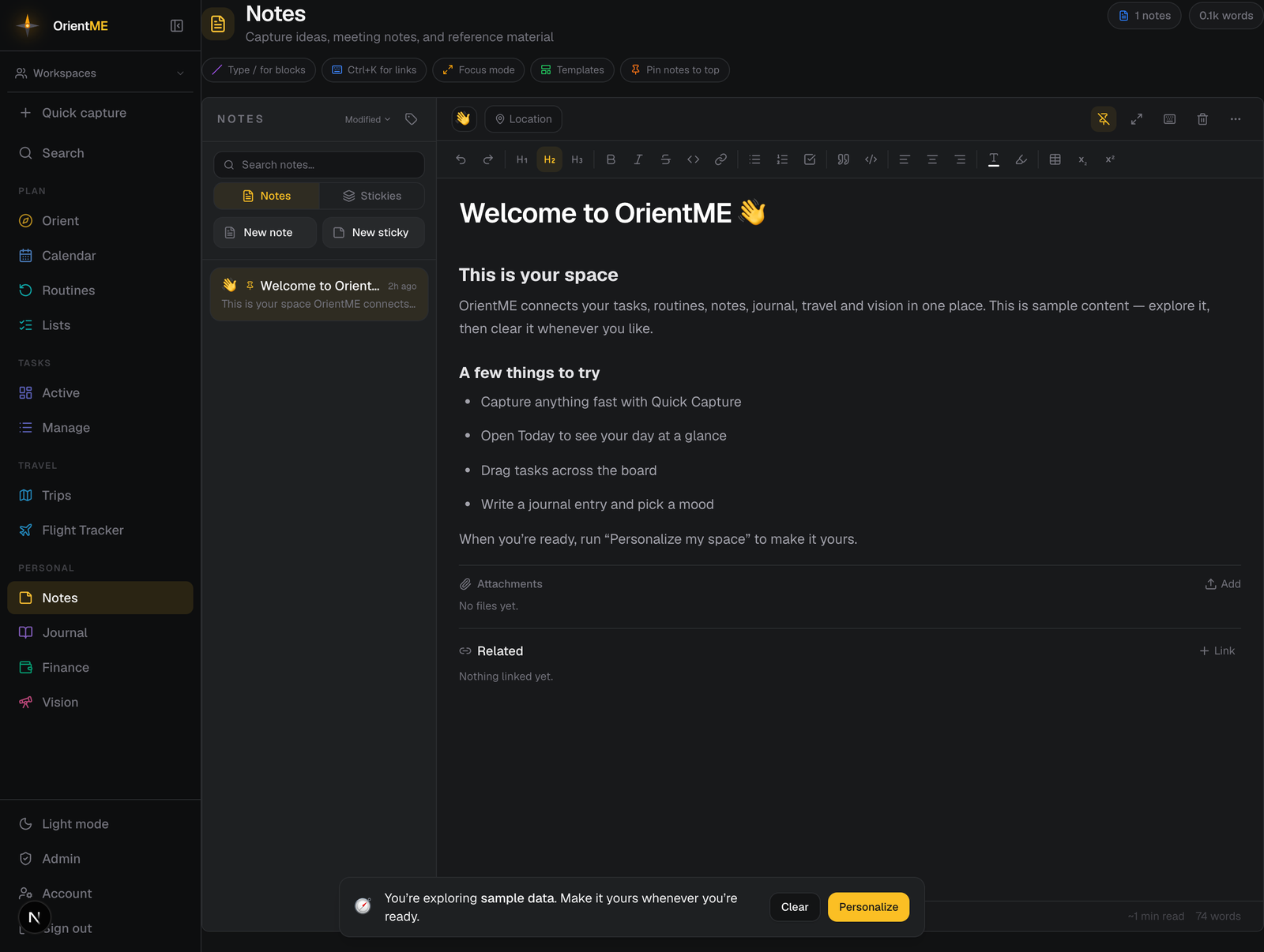 Notes list on the left, the editor open on the right