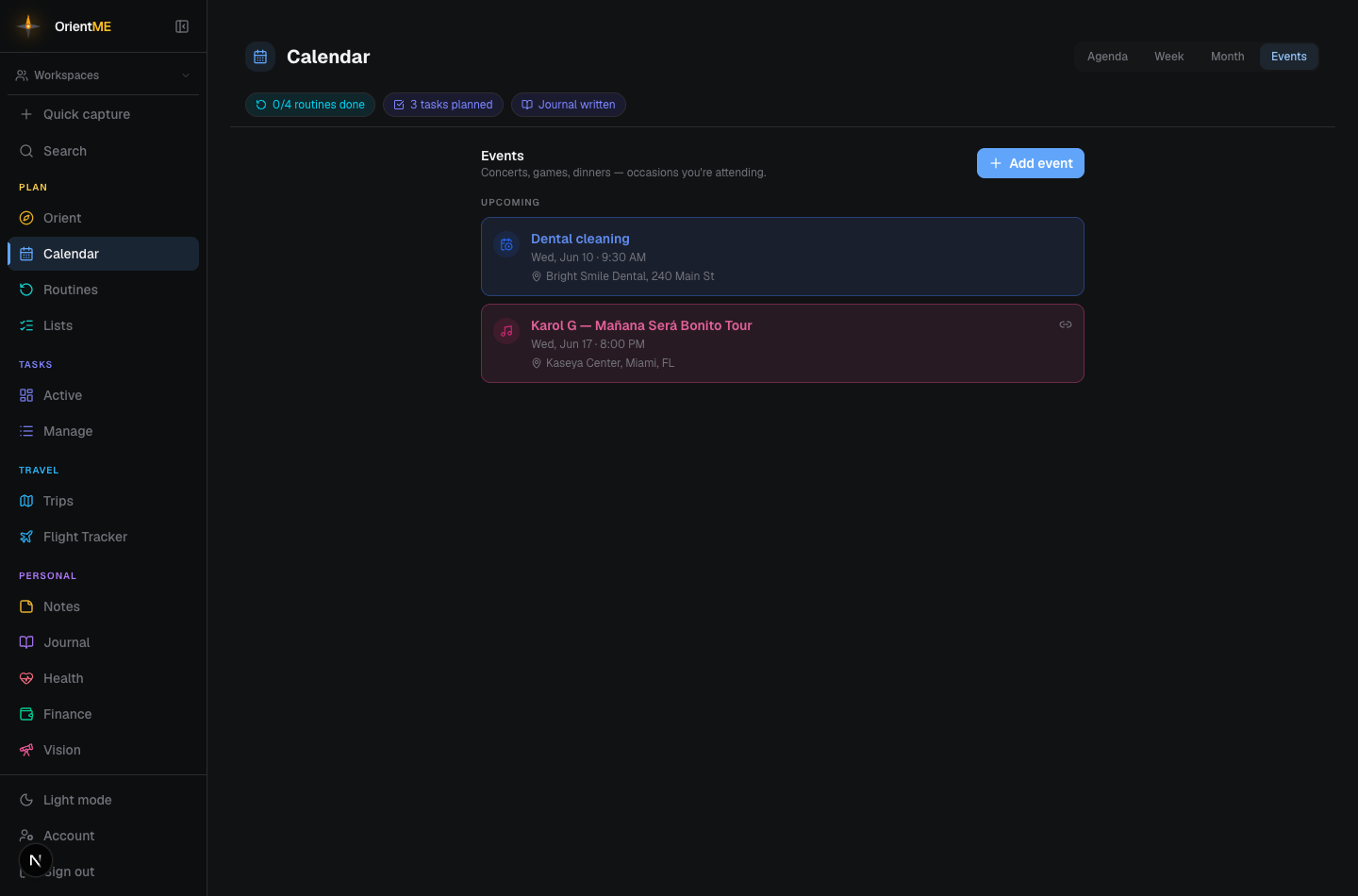 The Events tab showing upcoming occasions