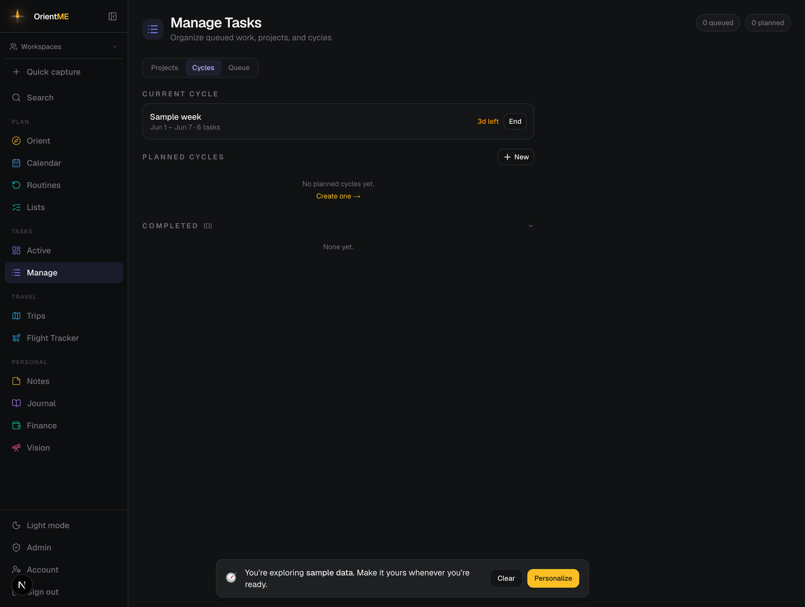 Manage → Cycles tab showing Current, Planned, and Completed groups