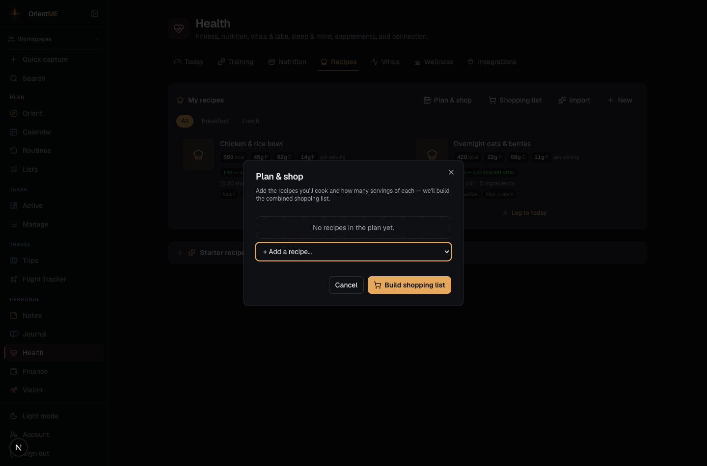 Plan &amp; shop dialog from the Recipes tab — a couple of recipes added with servings steppers, "Build shopping list" button