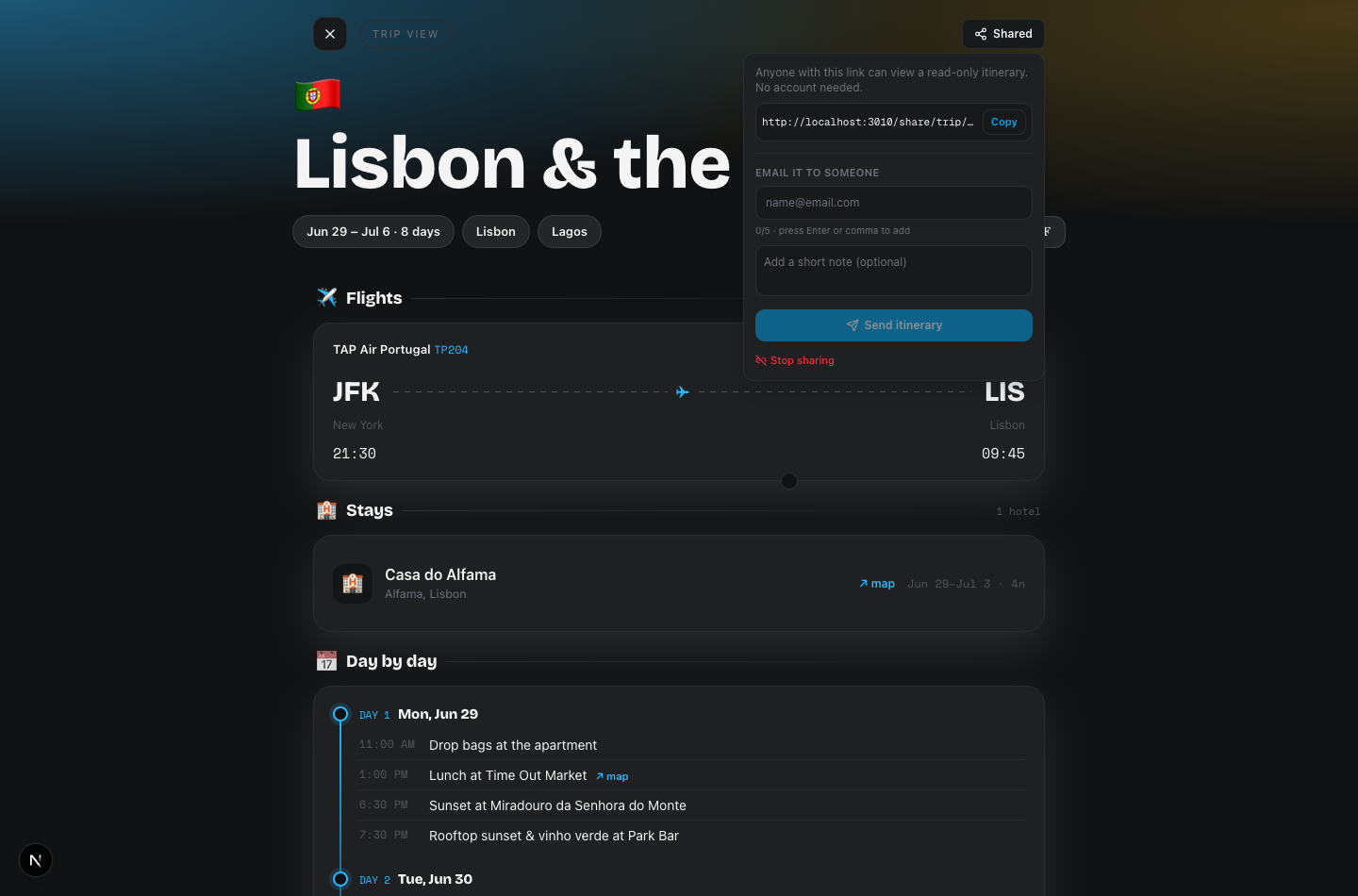The Share popover with the link, Copy, and the email composer