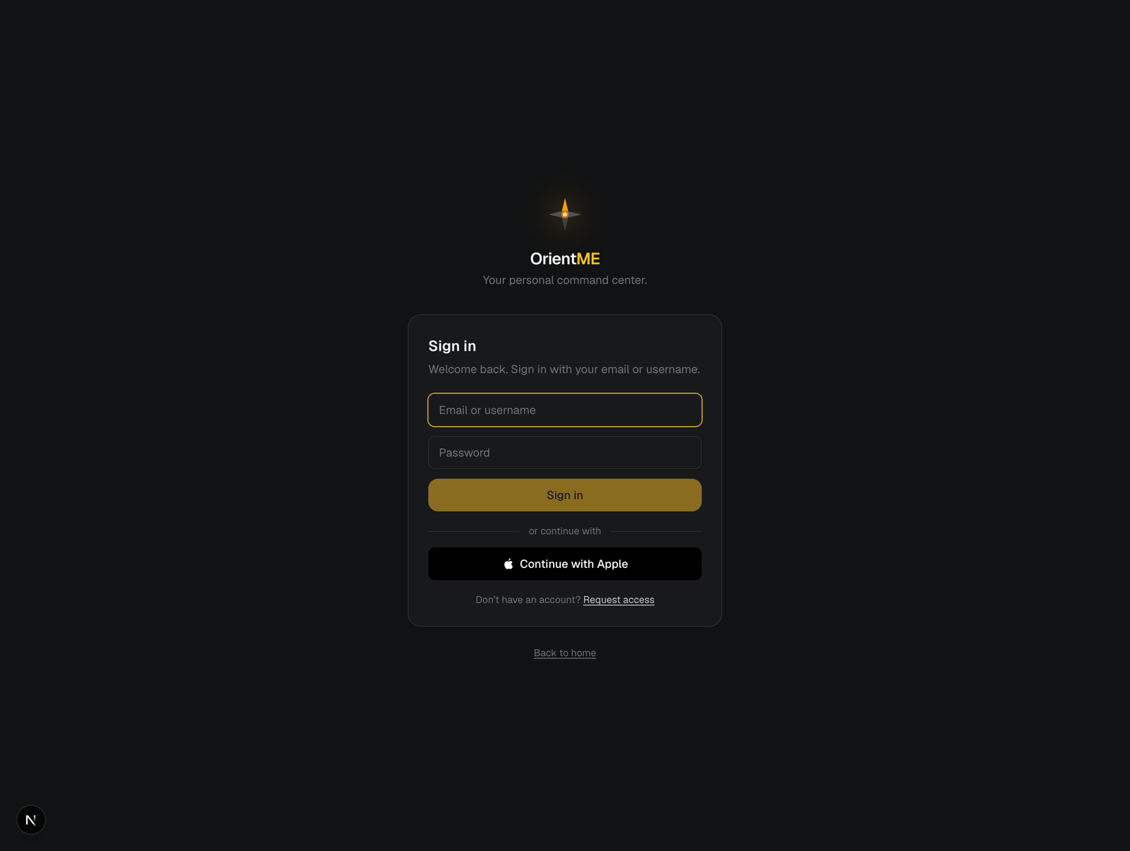 Sign-in screen with brand mark, email/password, and OAuth buttons