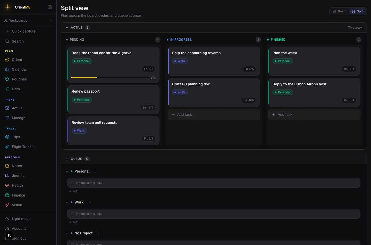 Split view — the active board, cycles, and queue side by side