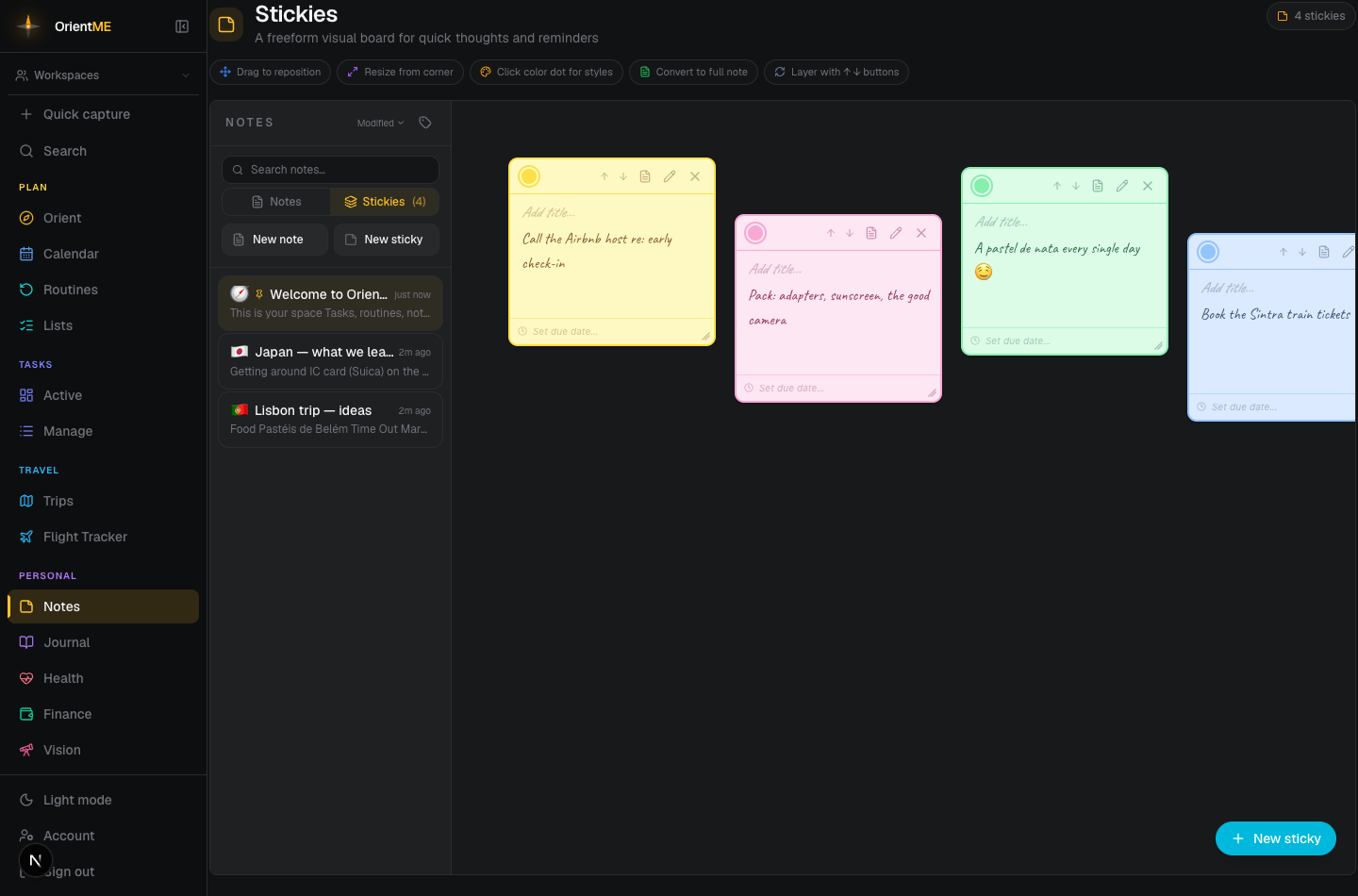A wall of colored sticky notes on the freeform Stickies canvas