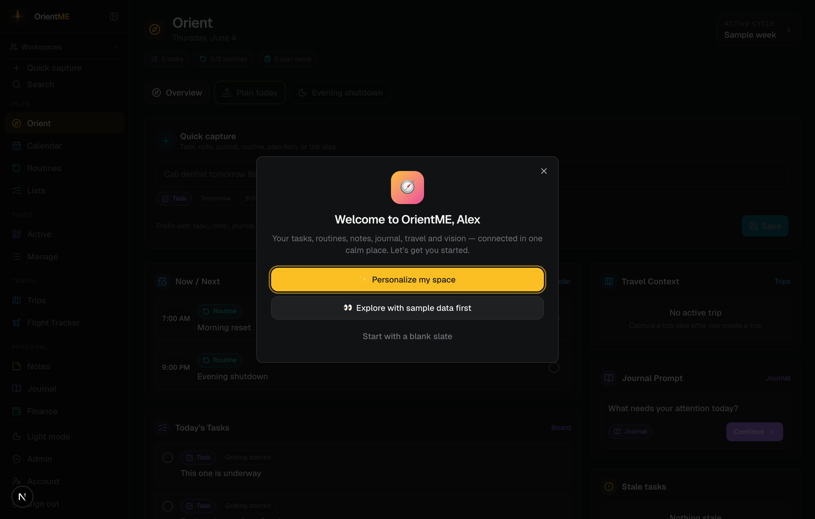Welcome to OrientME first-run dialog with the three choices